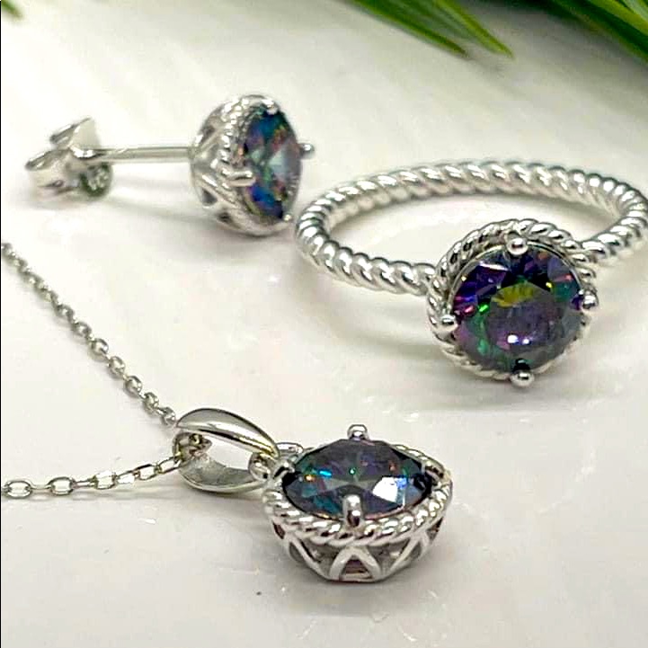 New Sterling Silver And Multicolored Diami Set